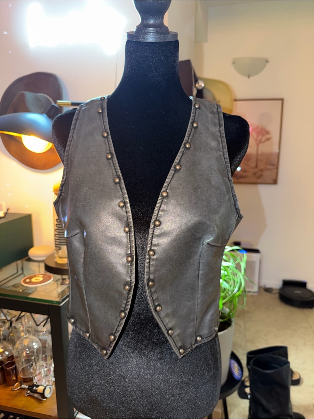Women's Black Stud-Trim Leather Vest